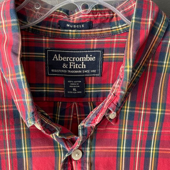 Abercrombie & Fitch Red Tartan Plaid Button Down Shirt XL Muscle Fit Preppy - Picture 3 of 5